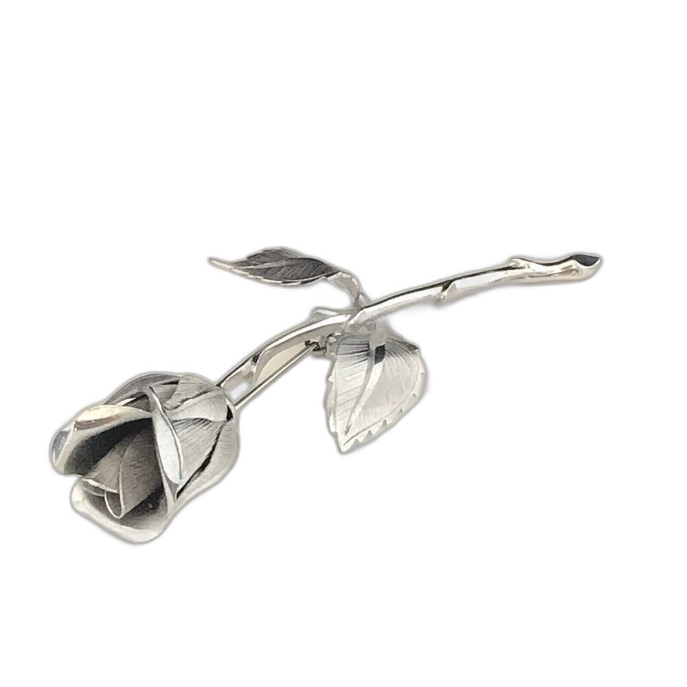 Vintage 1980s Giovanni Rose Brooch Silver Tone Floral Pin - 2A